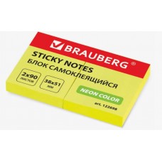 Блок самоклеящийся (стикеры) Brauberg ПАСТЕЛЬНЫЙ 38х51 мм., 100 листов, Набор 2 штуки, желтый
